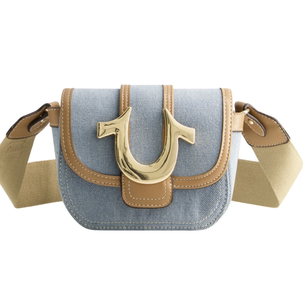 TRUE RELIGION Dark BLUE Denim GOLD HORSESHOE Mini CROSSBODY Guitar STRAP Bag NWT